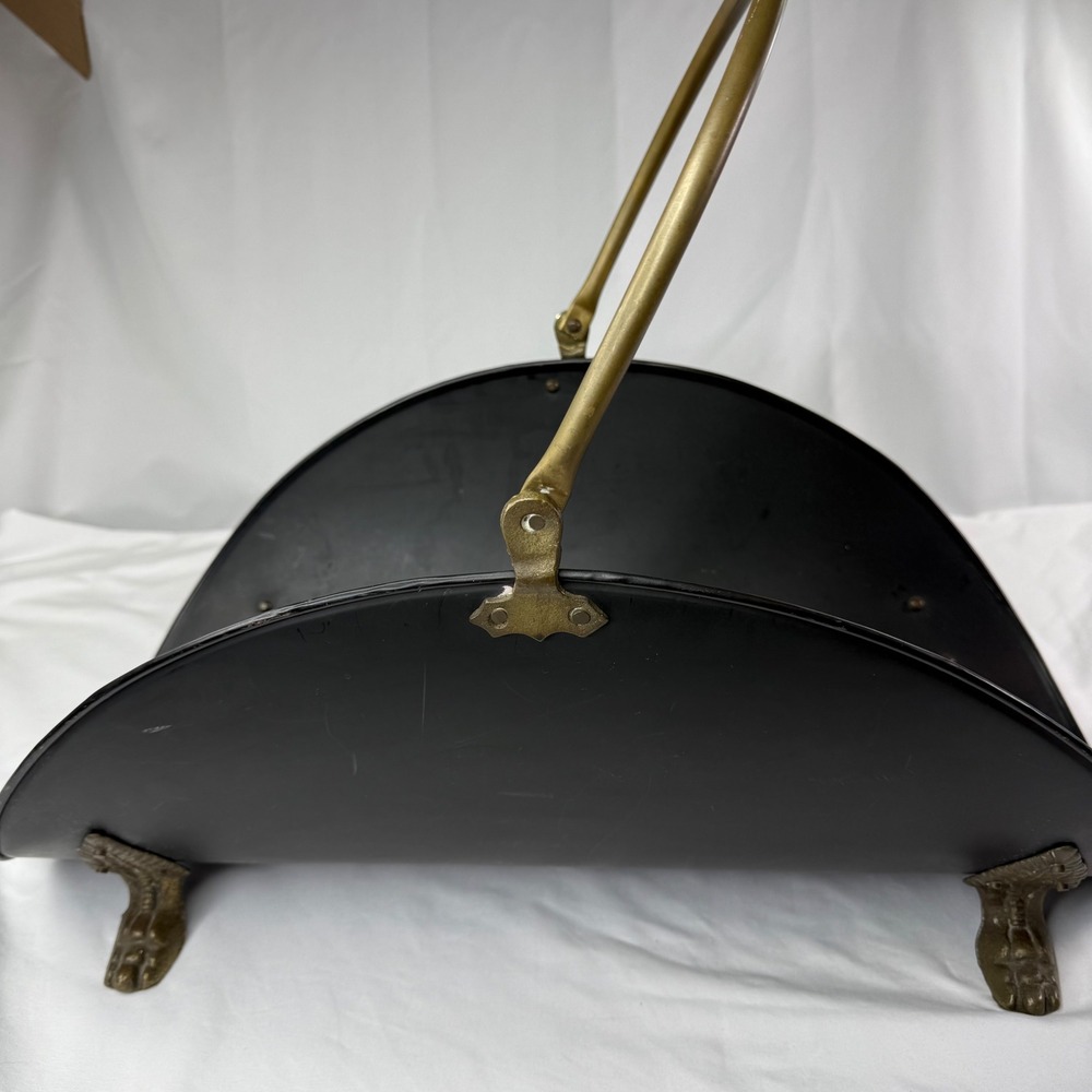 Vintage Black Metal Fireplace Log Holder Brass Lion Paw Feet Swing Handle Hearth